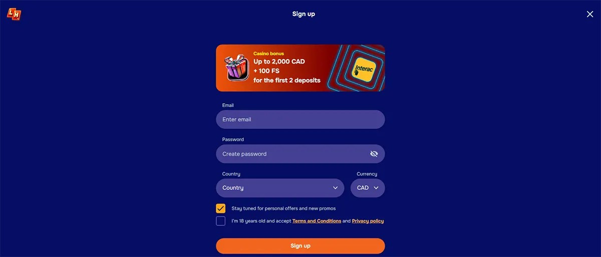Casino sign-up page on a dark blue background with email, password, country, and currency fields, plus a bonus banner offering up to 2,000 CAD and 100 free spins for the first two deposits.