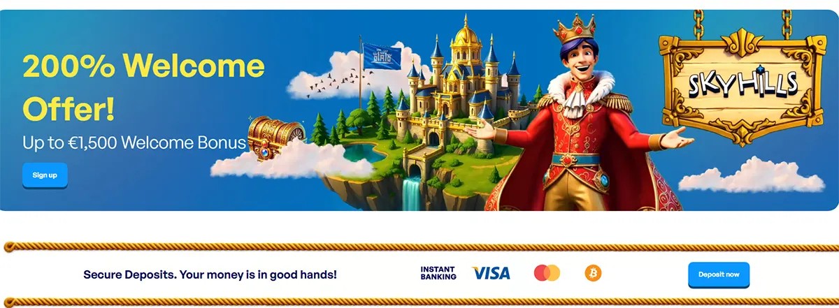 Skyhills Casino homepage section showing a “200% Welcome Offer” banner with “Up to €1,500 Welcome Bonus,” a sign-up button, castle island and royal mascot, plus a “Secure Deposits” strip with Visa/Mastercard/Bitcoin icons and a “Deposit now” button.