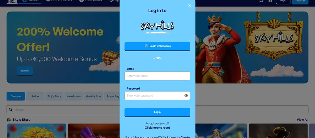 Skyhills Casino homepage with a login pop-up overlay showing “Log in to Skyhills,” a Google login button, and email/password fields, over the 200% welcome offer banner with the royal mascot and Skyhills sign.